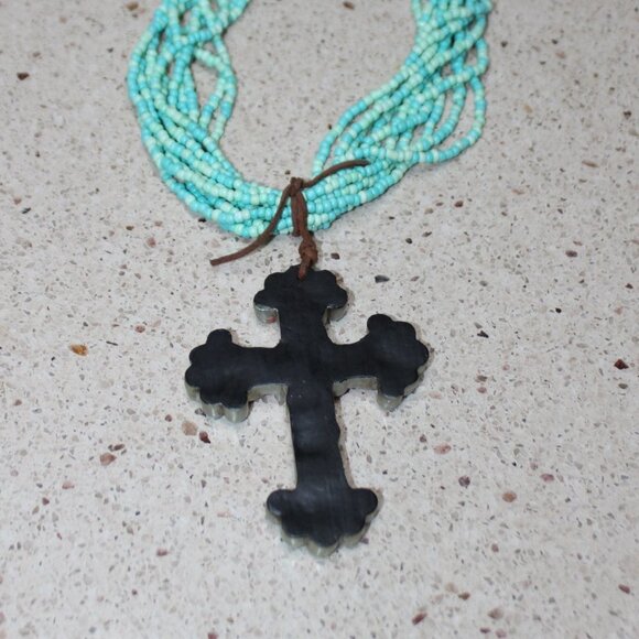 Beautiful Turquoise & Orange Large Cross on Leather Tied to Multi Bead Necklace - Picture 11 of 11